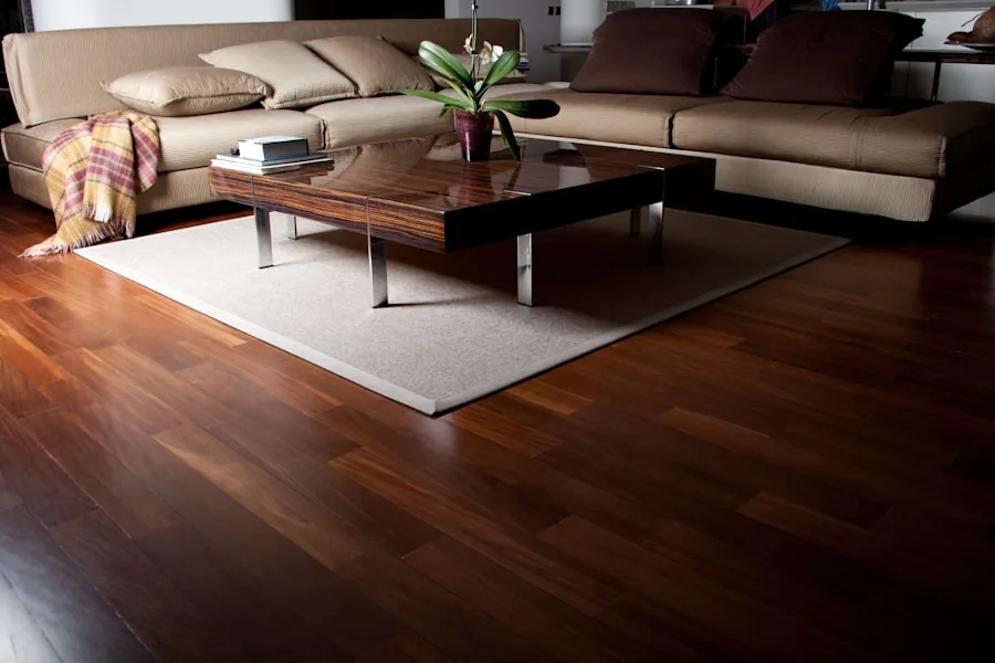 Dark walnut floor in a furnished living room