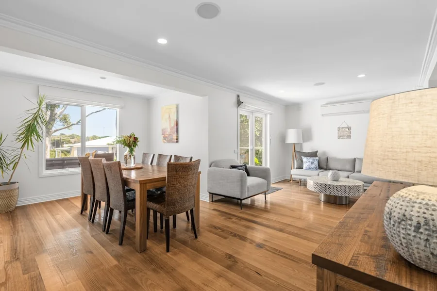 Dining and living space over a warm oak floor